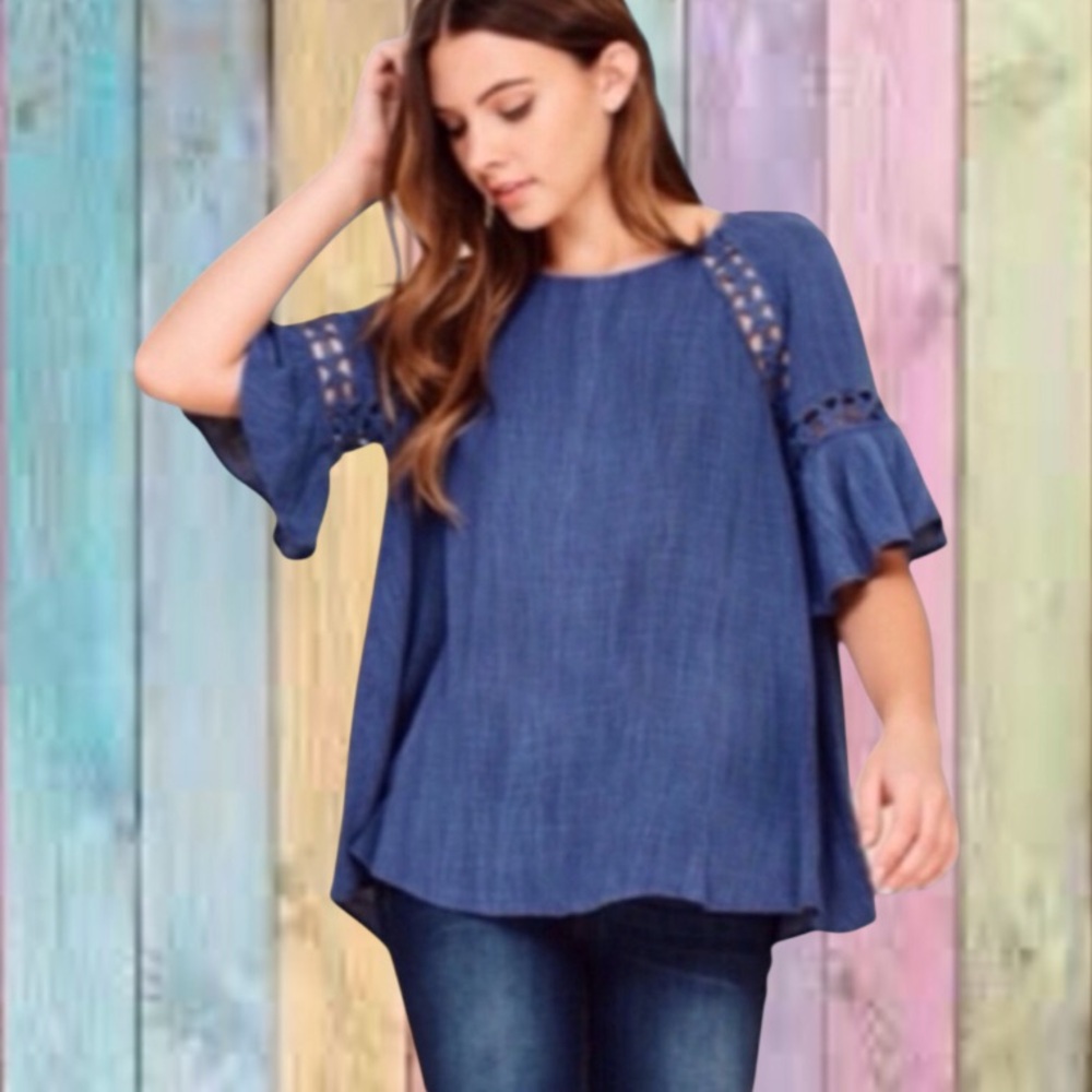 Annabelle Indigo Denim Blue Open Inset Design Flutter Sleeve Top NWT - Picture 1 of 13